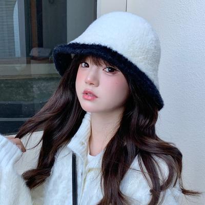 Plush Color Matching Bucket Hat Women's Winter Warm Casual Versatile Bucket Hat Showing Face Small Bow Hat