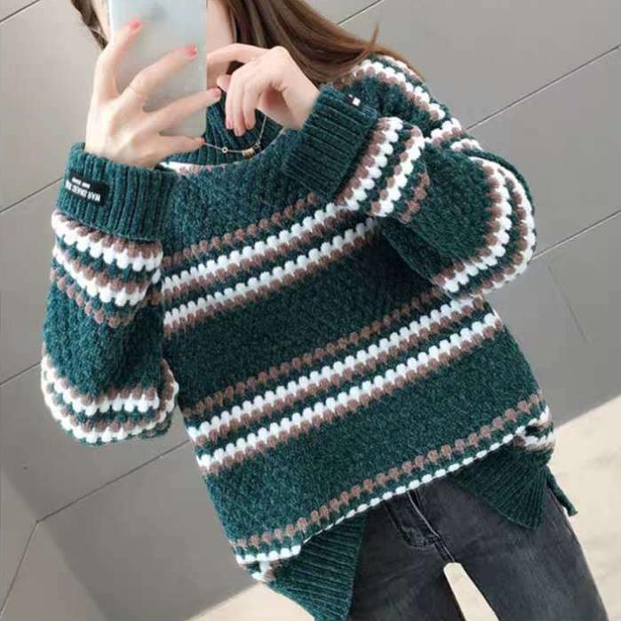 WTEMPO Women's Autumn Winter Large Size All-match Striped Sweaters Female Loose High Collar Long Sleeve Warm Knitted Pullover