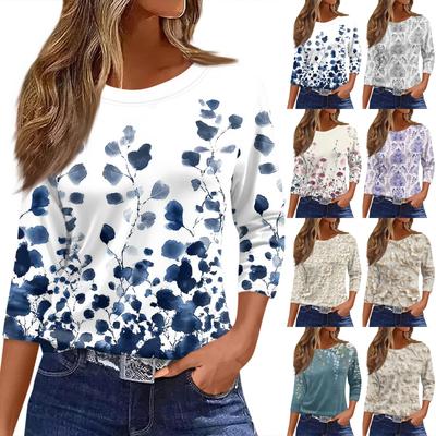 Women's Fashion Casual Round Neck 3/4 Sleeve Loose  Printed T-Shirt Ladies Top