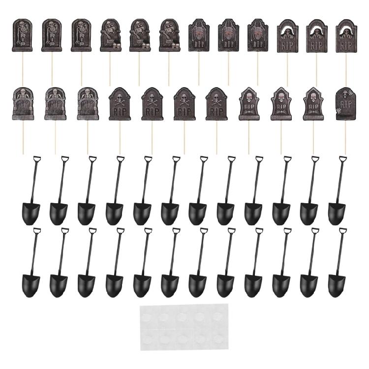 Tombstones Shapeds Cupcake Toppers Set Of 48 With Mini Novelty Shovel Spooks For Halloween Dessert Party Supplies 1