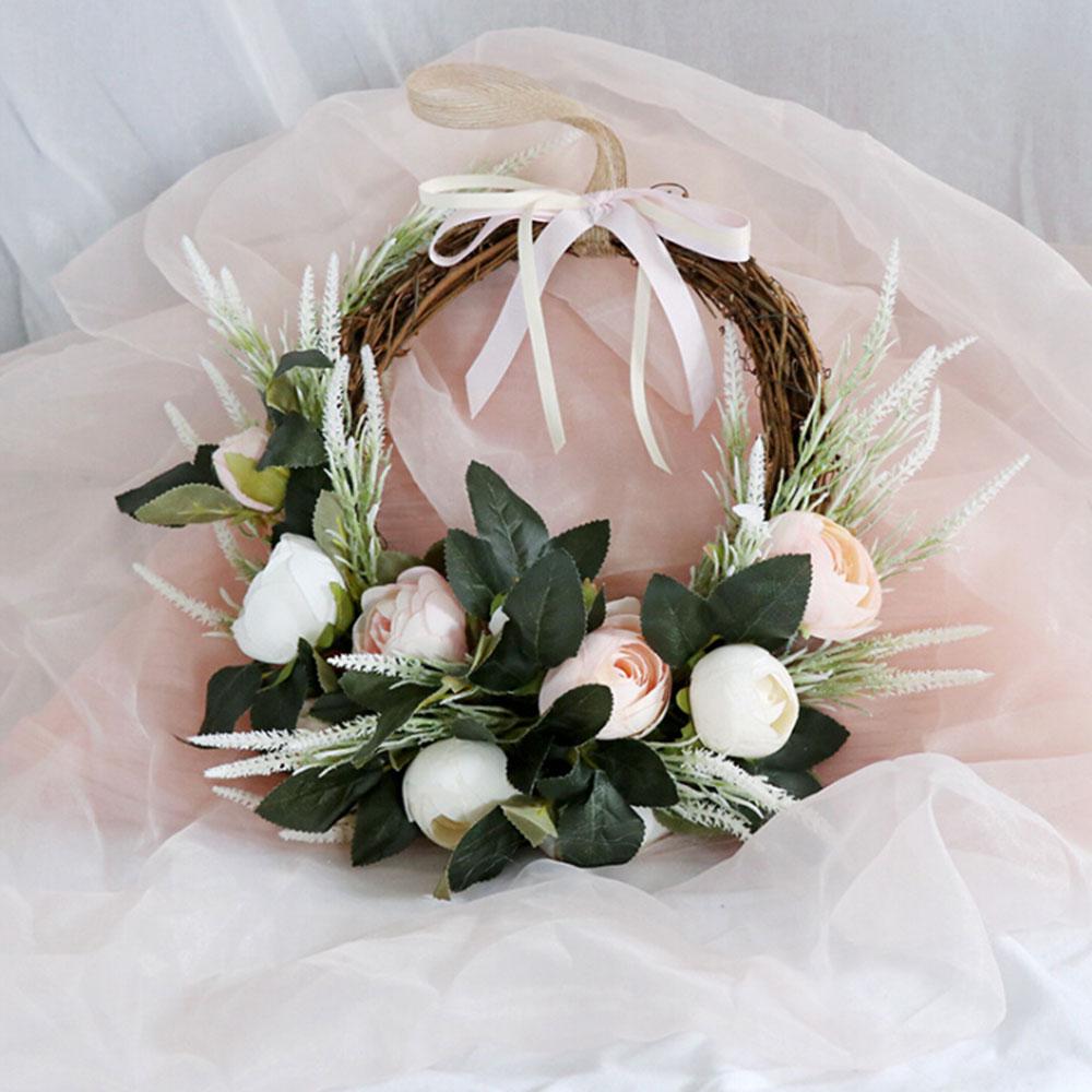 Artificial Rose Wreath 12.6in Front Door Floral Wreath with Leaves for Spring Wedding Wall Window Indoor Outdoor Home