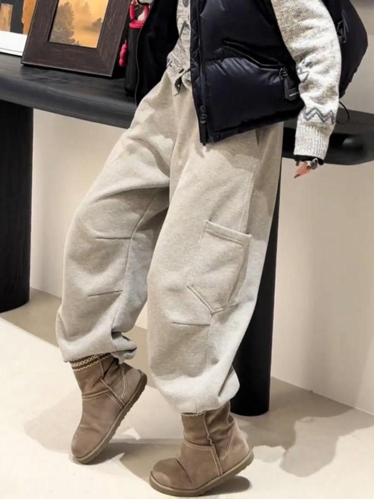 Plus Size Women's 300 Jin Stylish Pocket Casual Wide-Leg Winter Pants with Velvet Lining