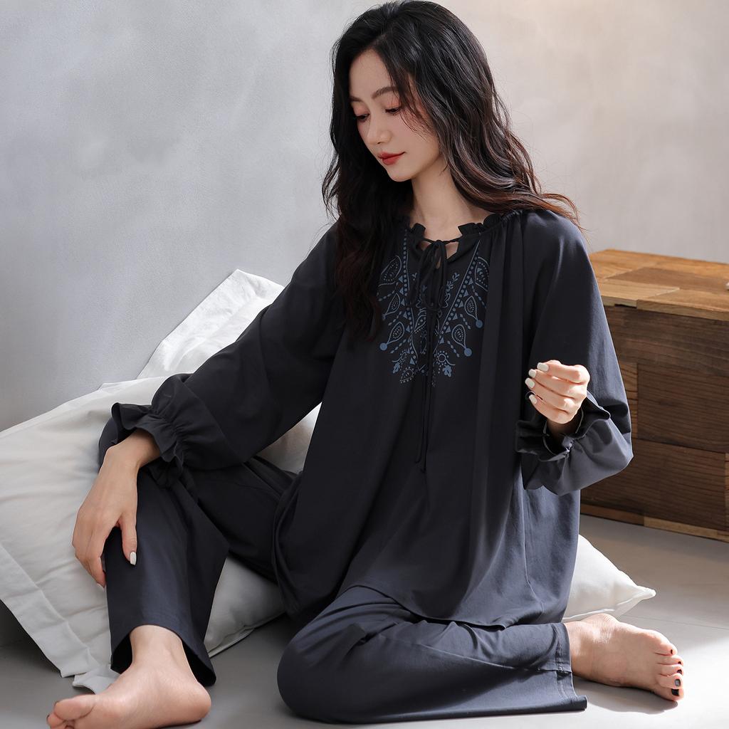 Pajamas women's spring and autumn pure cotton long-sleeved high-end elegant mother large-size loungewear autumn and winter plaid noble suit