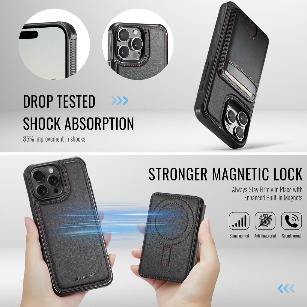 For iPhone 12 Pro 6.1 inch/iPhone 12 6.1 inch Case JEEHOOD J10 Compatible with MagSafe Leather Back Phone Cover with Detachable Card Holder Kickstand