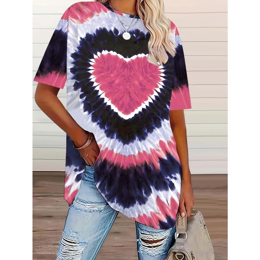 New Plus Size Women's Tie-dye Love Heart Print T-shirt, Casual Short Sleeve Top for Spring Summer