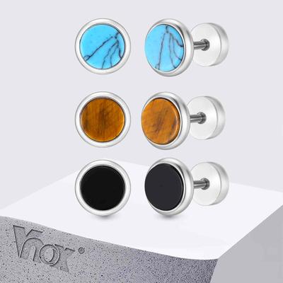 Vnox Hypoallergene Roestvrij Staal Oorbellen voor Mannen, Kleine Ronde Natuurlijke Tijgeroog/Turquoise/Agaat Steen Mode Sieraden