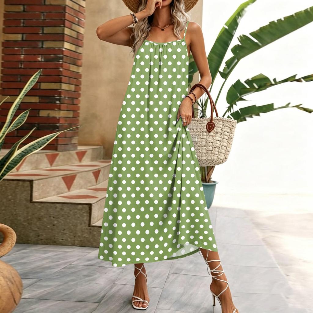 Damen ärmelloses Polka-Dot Maxikleid Sommer lässig langes Kleid mit verstellbaren Spaghettiträgern Leichtes Strandkleid für den Urlaub