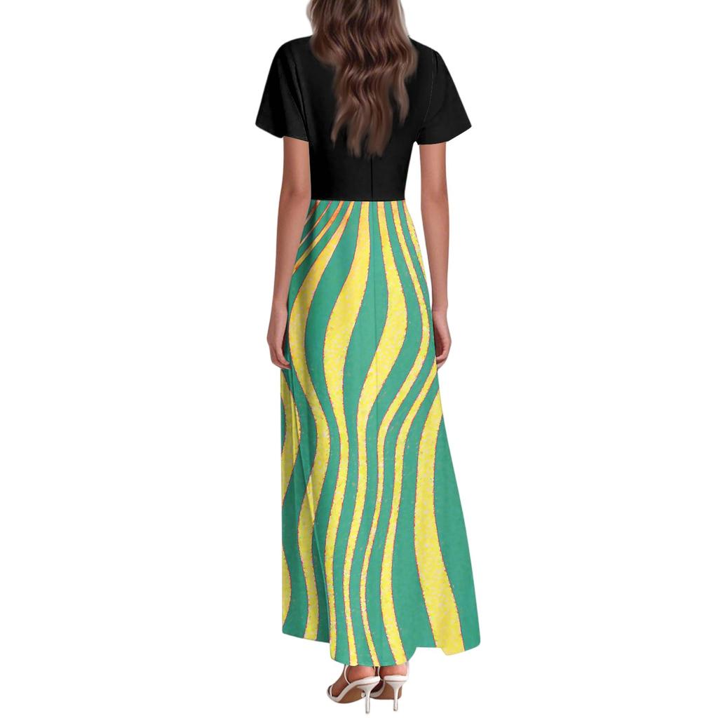 Women's Summer Casual Fashion Striped Printed Dress V Neck Short Sleeve Dress