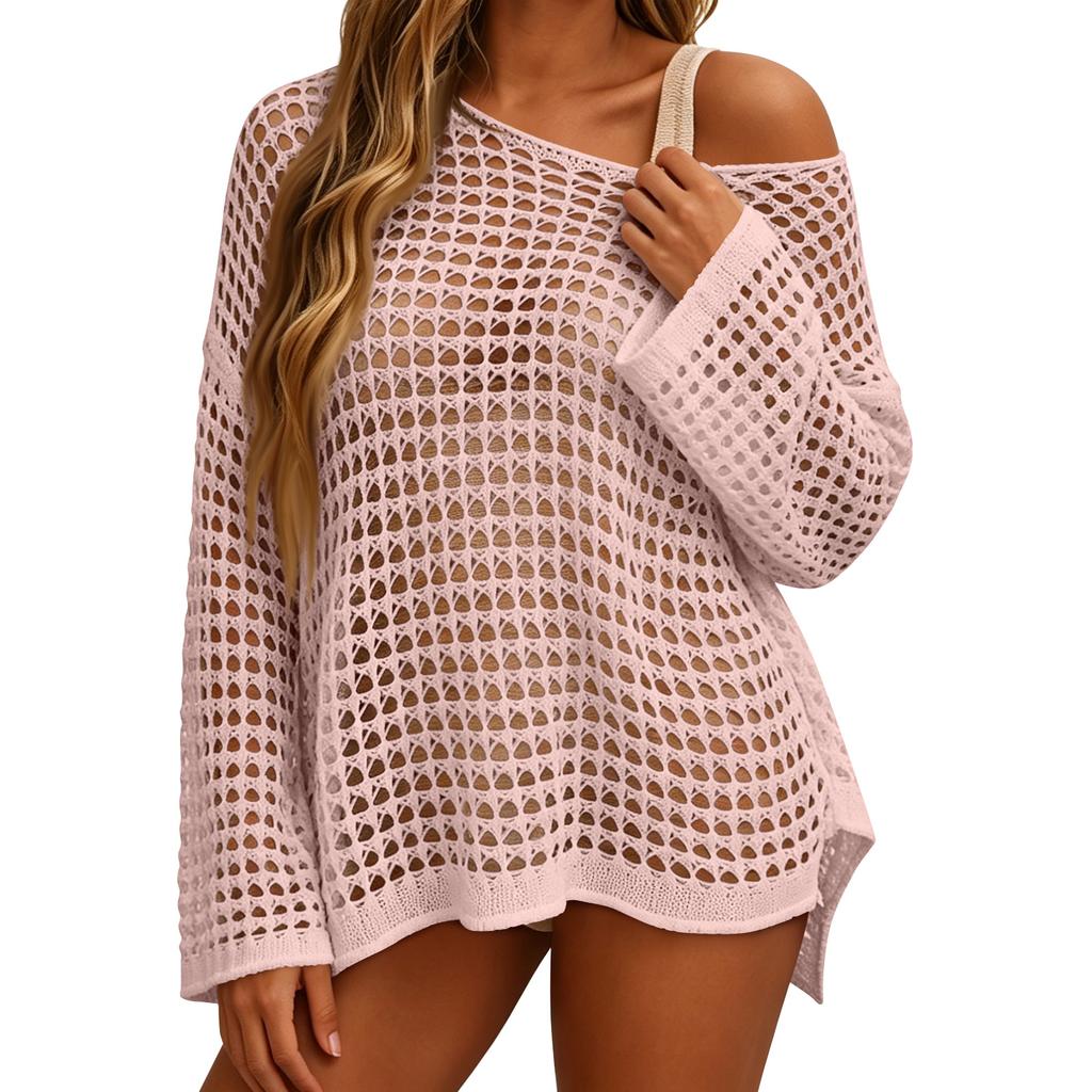 Women's Sunscreen Hollow Long Sleeve Backless Bikini Beach Dress Knit Sweater Cover-Up