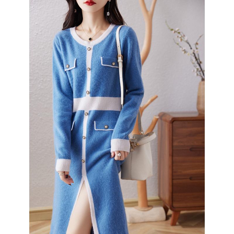 Contrast Color Round Neck Wool Dress for Women In Autumn and Winter New High-end Fashion Slit Skirt Skin-friendly Soft Glutinous Warm Midi Skirt