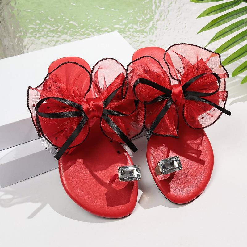 Women's Slippers Summer New Round Head Crystal Toe Lace Butterfly Knot Soft Sole Anti-slip Wear-resistant Flat Shoes