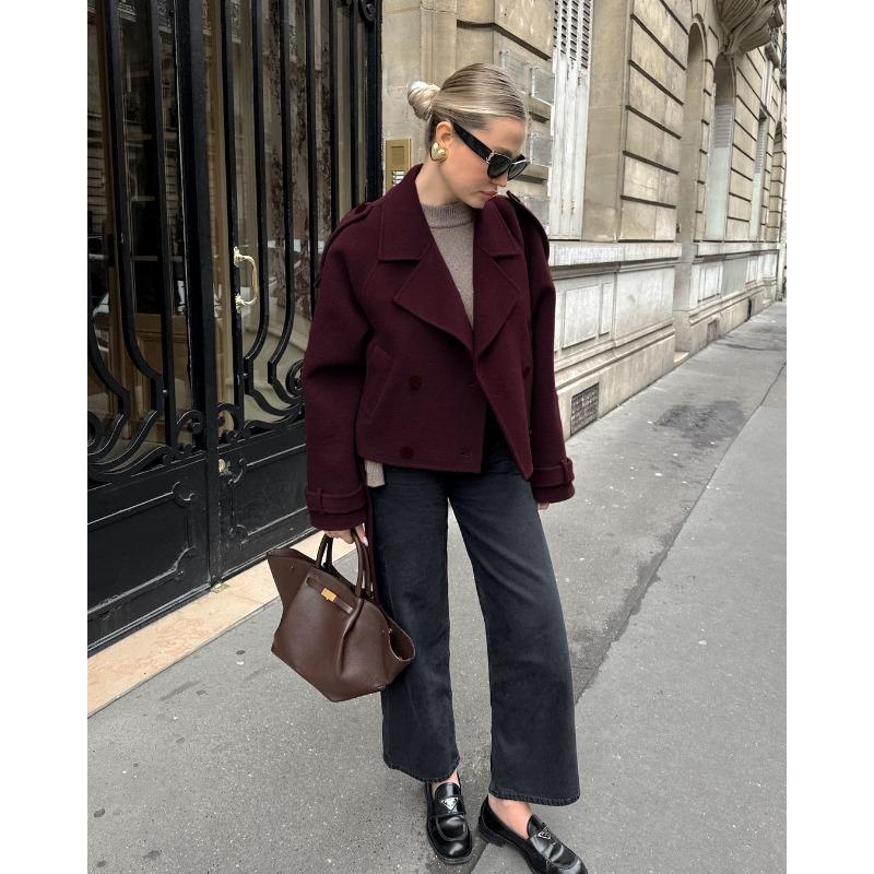 Women French Style Thick Loose Brown Double Breasted Woolen Commute Coat