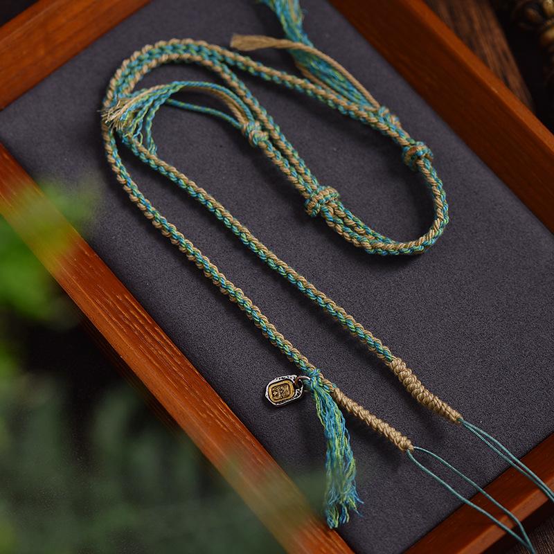 Handmade Tibetan Braided Necklace with Amber Amulet & Hetian Jade Pendant