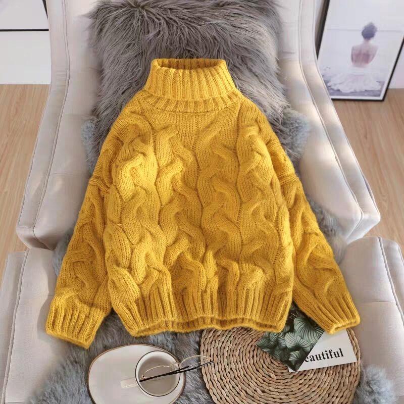 Women's High-Neck Cable Knit Sweater - Loose Fit, Solid Color, Autumn/Winter Style