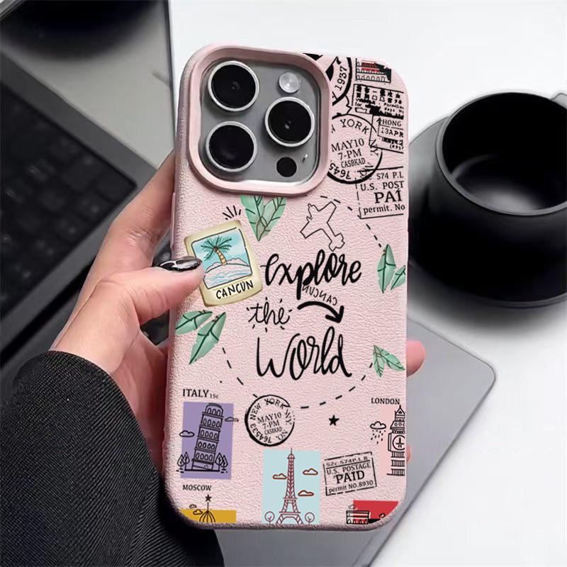 Travel Map Pattern Phone Case For iPhone 17e 16e 17 16 15 14 Pro Max 13 12 Pro Air 11 Leather Texture TPU Silicone Soft Cover