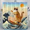 Funny Cat Shower Curtain Set Great Wave Art Style Relaxing Feline Waterproof Bathroom Shower Curtain Japanese Scene Home