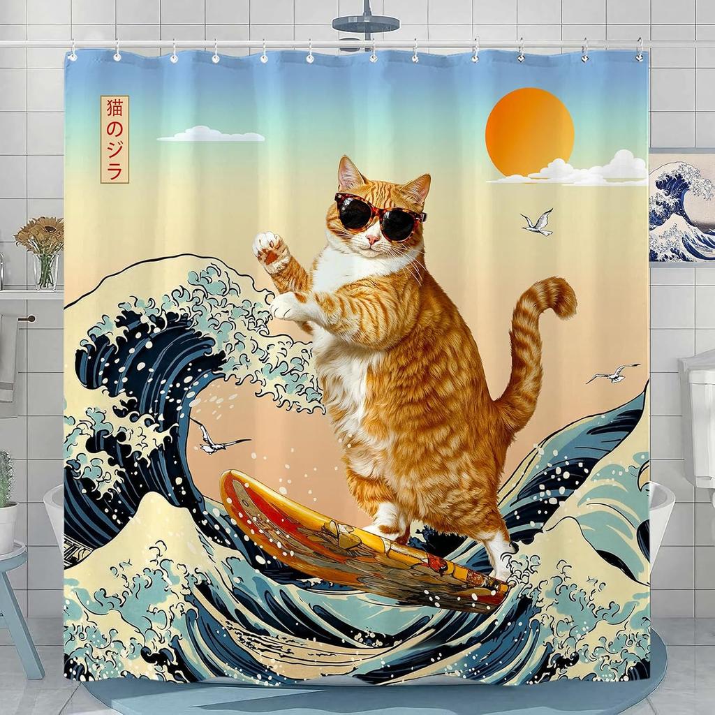 Funny Cat Shower Curtain Set Great Wave Art Style Relaxing Feline Waterproof Bathroom Shower Curtain Japanese Scene Home