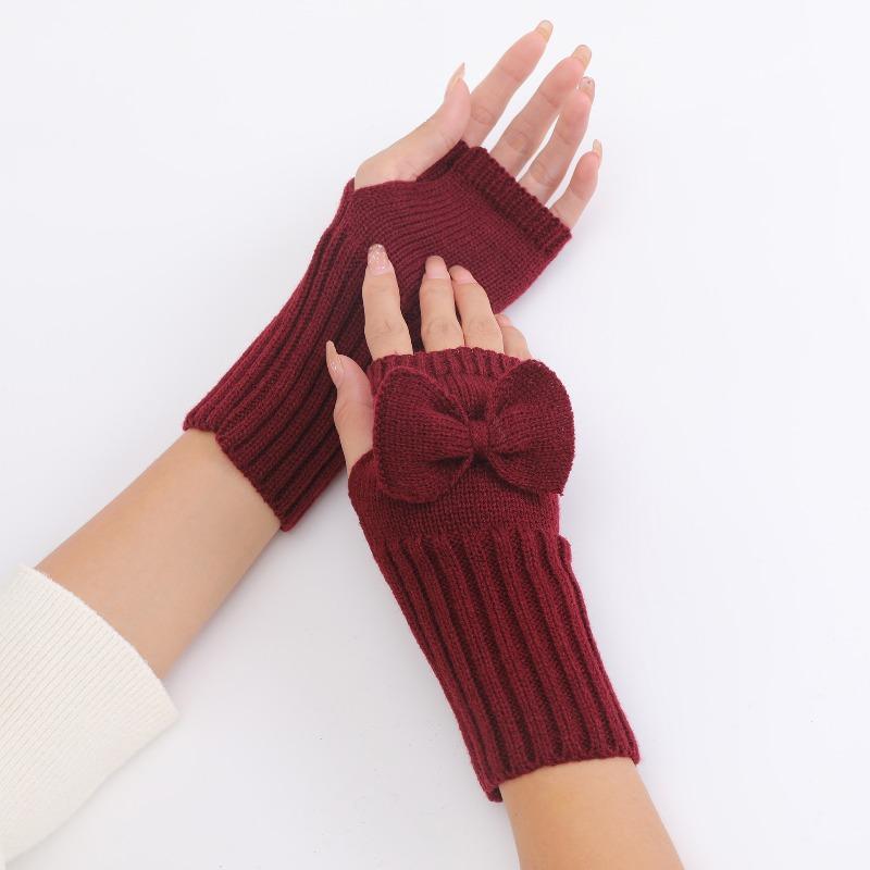 Botvotee Bow Arm Warmers Y2k Accessories Sleeves for Women Burgundy Sleeves Warm Winter Knit Soft Arm Guard Fingerless Gloves