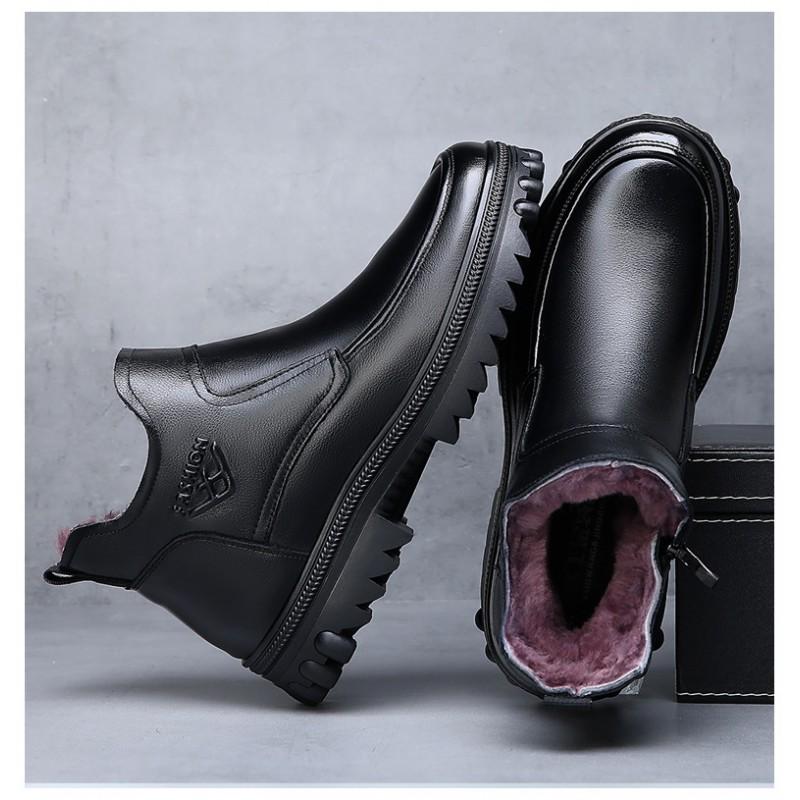 Mens Winter Warm Leather Slip-On Boots With Real Sheepskin Lining Thick Sole Casual High-Top Cold Weather