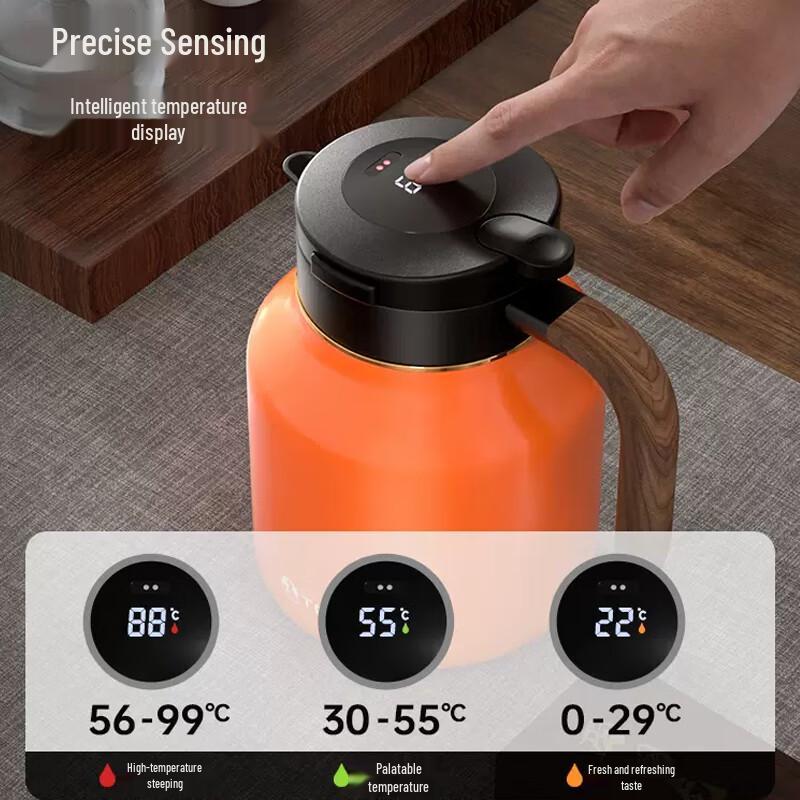 Temok Smart Display Ceramic Lined Insulated Tea Pot with Wood Grain Handle