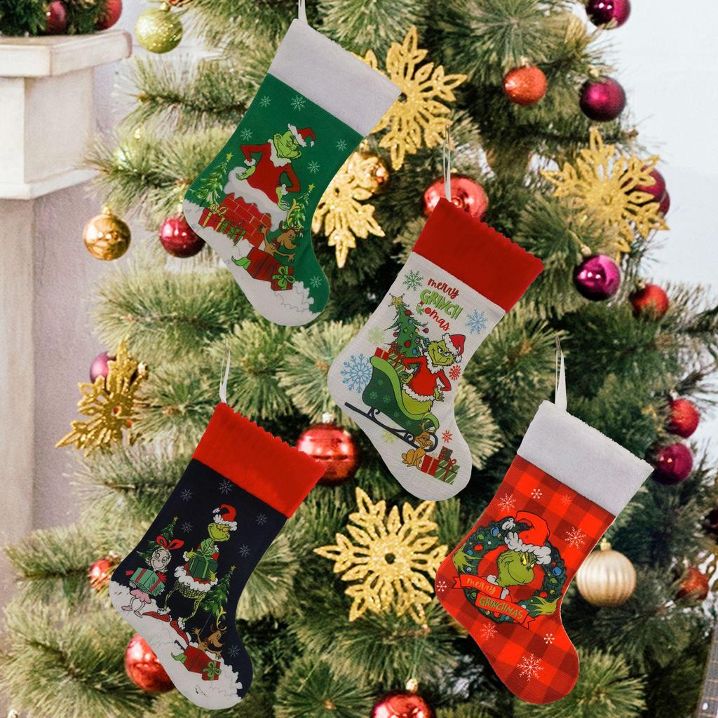 Set Ciorap de Crăciun Grinch și Fustă de Brad cu Huse pentru Scaun și Sticlă de Vin