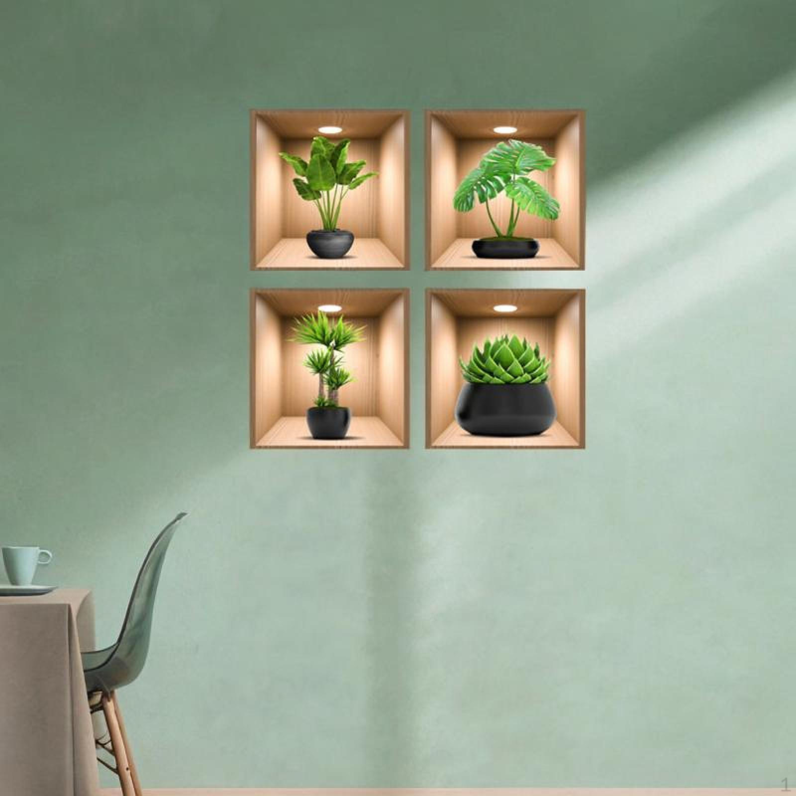 

4 шт. зеленые растения настенные наклейки художественные фрески лист декор горшечные наклейки для столовой With Black Pots
