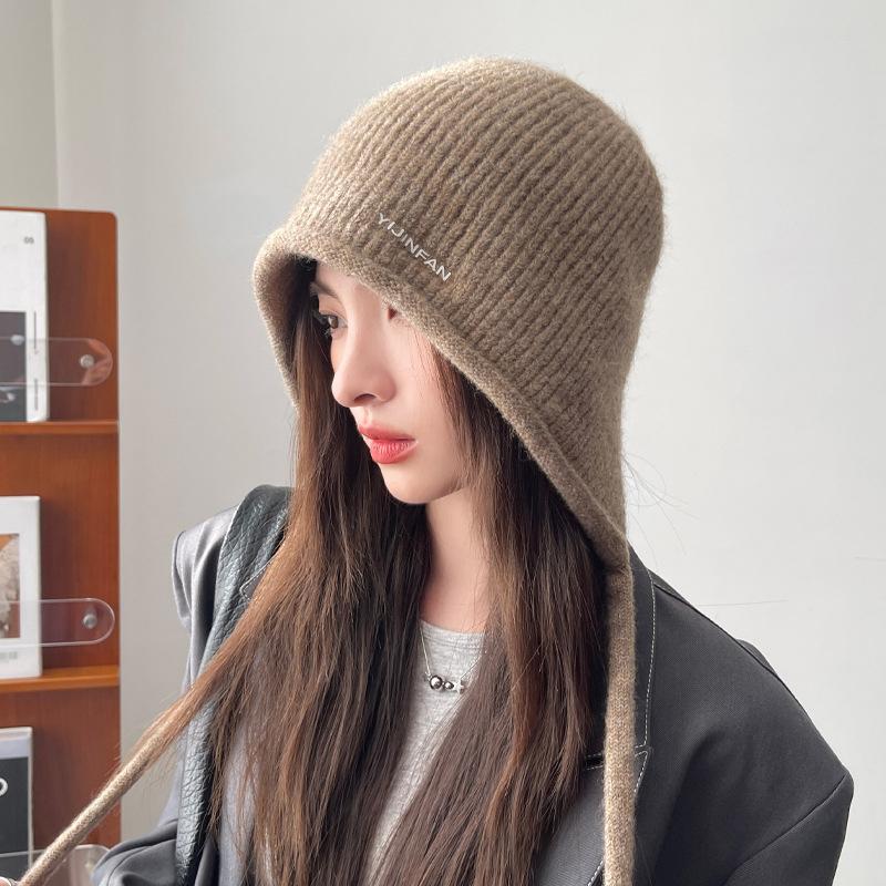 

1Pieces Women Sweet Double Drawstring Hat Autumn And Winter Letters Warm Versatile Knitted Earmuffs Mountaineering scarf one size темного кольору хакі