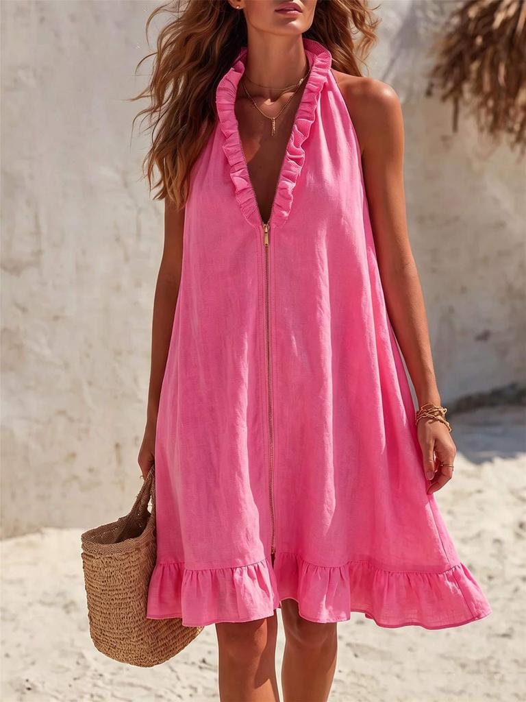 European and American style neck V-neck dress, front zipper ruffle edge loose and thin skirt