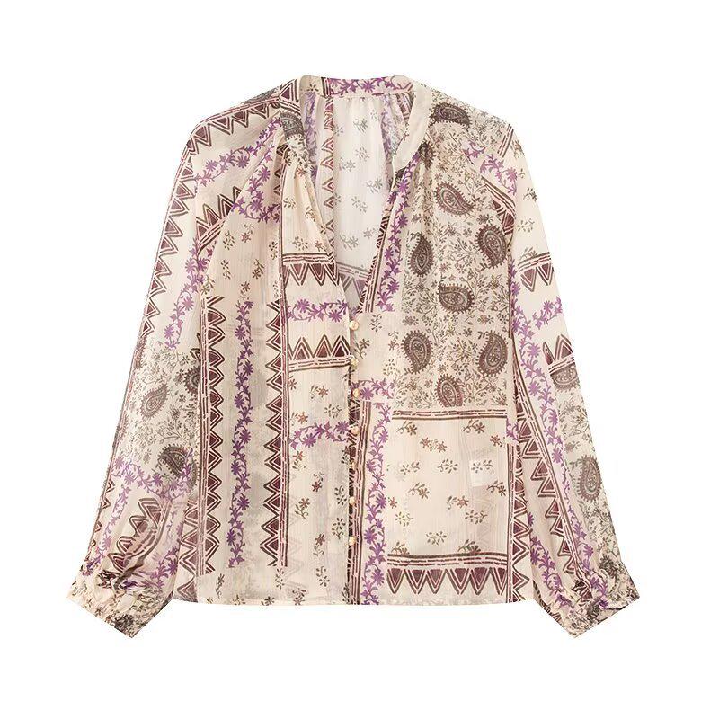 

Женская мода весна 2025: Полупрозрачная блузка с цветочным принтом, длинным рукавом и круглым вырезом в повседневном стиле Extra Small цветочные печати