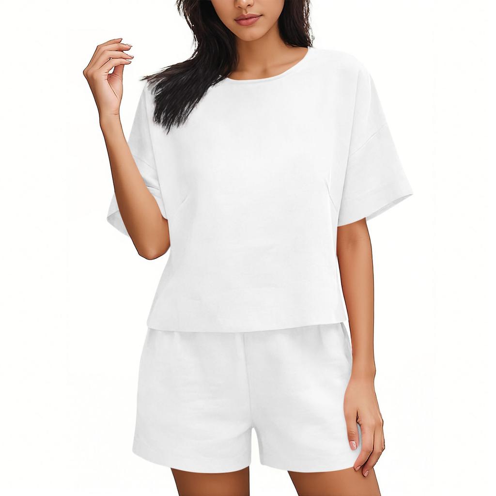 Fashionable Women's Color Casual Round Neck Loose Summer Shorts Top Set
