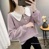 2025 Spring Women's Korean Style Lace Trim Peter Pan Collar Long Sleeve Sweater