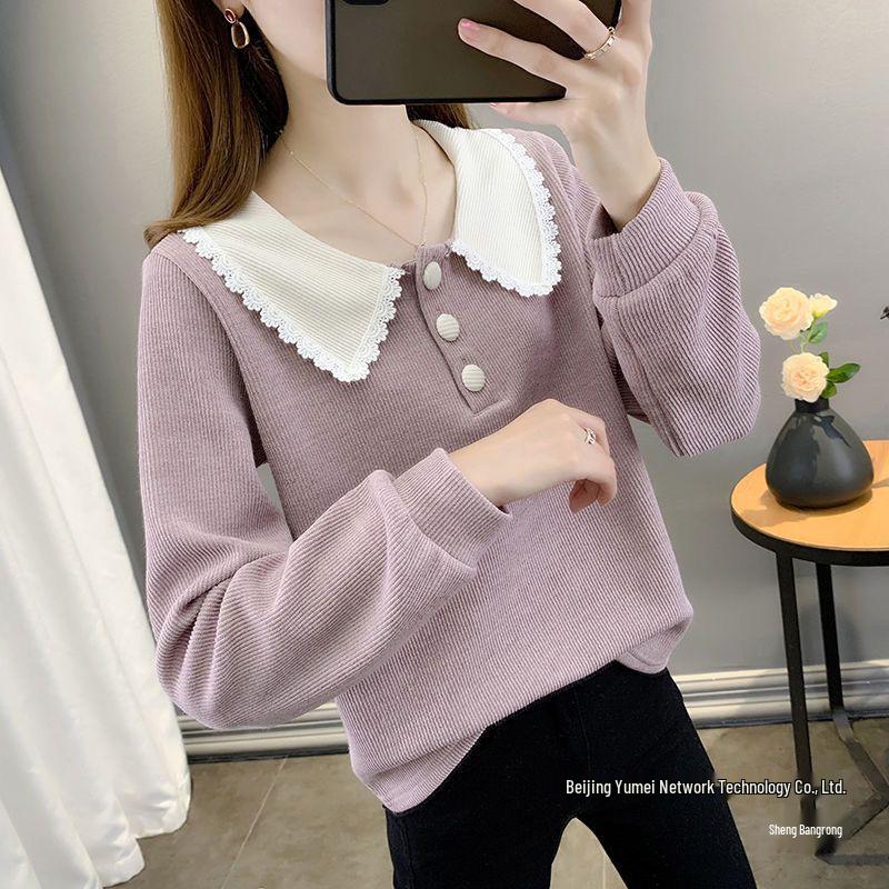 2025 Spring Women's Korean Style Lace Trim Peter Pan Collar Long Sleeve Sweater