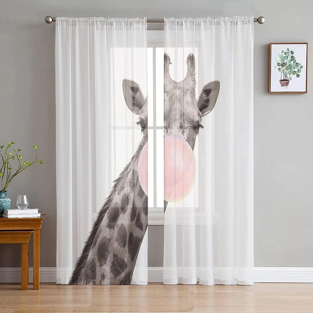Funny Giraffe Animal White Sheer Curtains For Living Room Chiffon Voile Curtain Bedroom Bathroom Tulle Curtains Window Drapes
