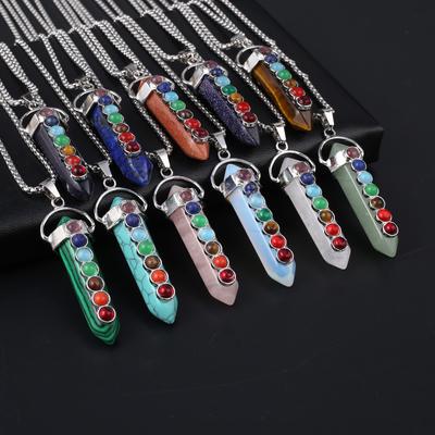 1Pc, Spiritual Healing Crystal Pendant Necklace, Geometric Double-pointed Hexagonal Pyramid Inlaid Seven Chakra Gems Charms Necklaces for Women Men