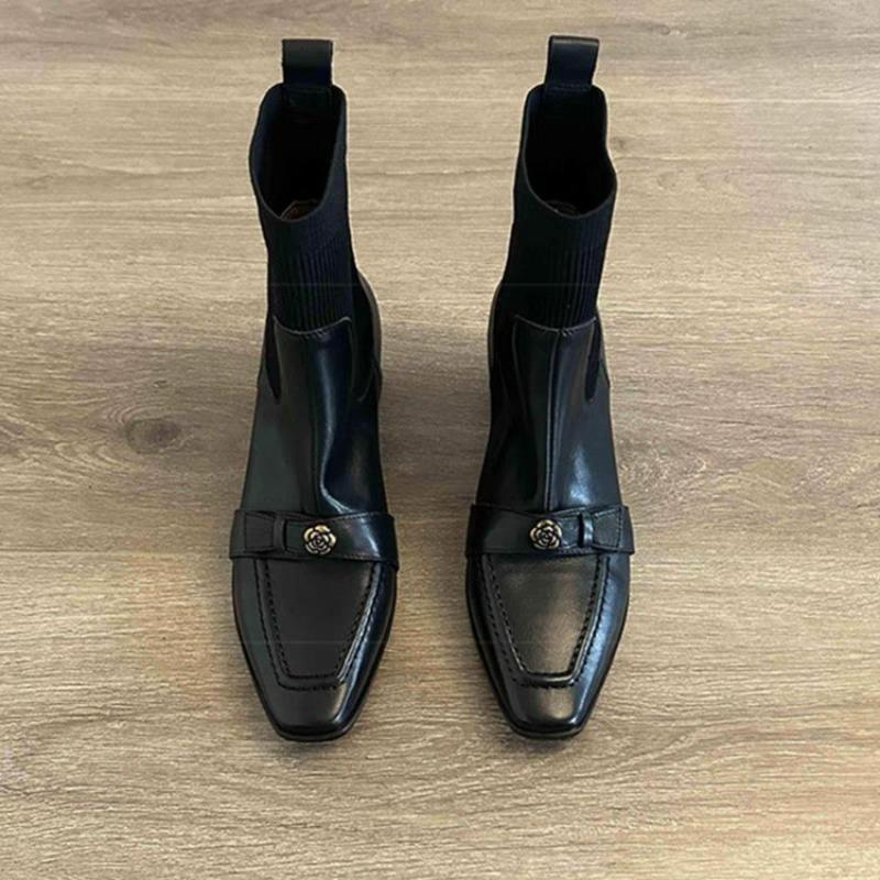 

Модные винтажные ботильоны-носки из эластичного трикотажа с золотой пряжкой-камелией, женские, квадратный носок, средний блочный каблук 40 чёрный