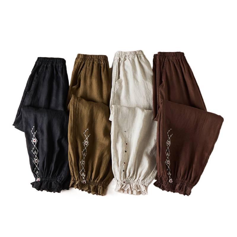 Women's Artistic Embroidery Cotton Linen Harem Pants - Slimming Casual Retro Style