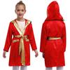 Kids Boys Boxing Robe Boxer Cosplay Costume Long Sleeve Metallic Trim Satin Hooded Cloak Kickboxing Gown for Halloween Party