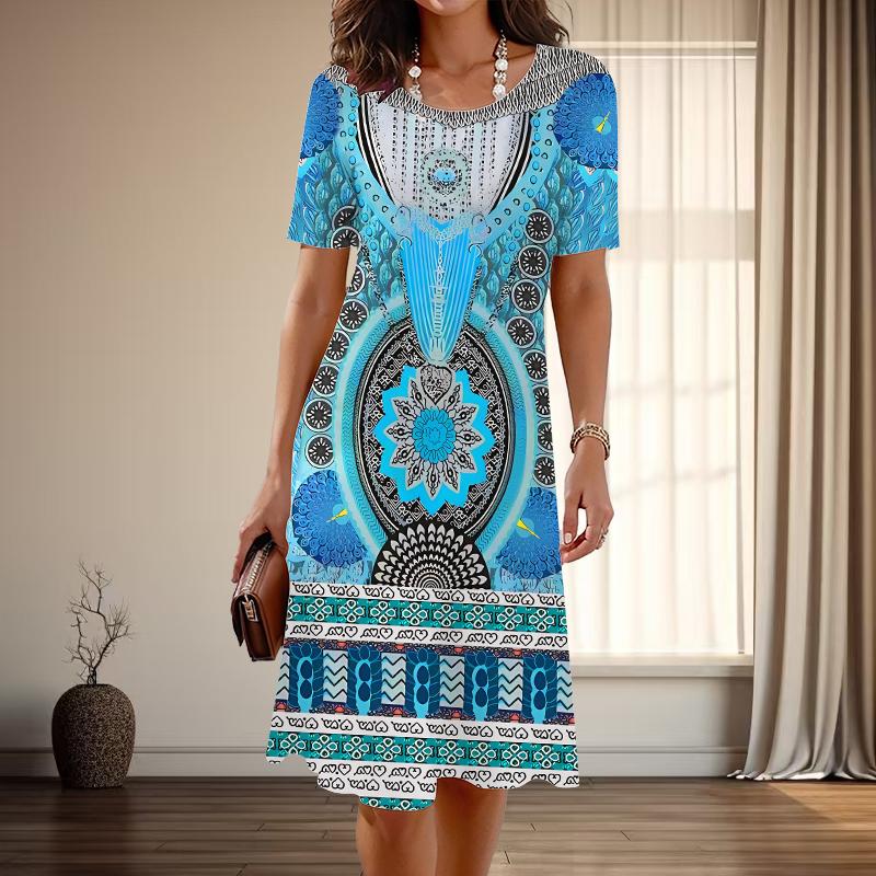 Women's Fashion Graceful Retro Pattern Print Summer Spring Short Sleeve O-Neck Casual Dresses