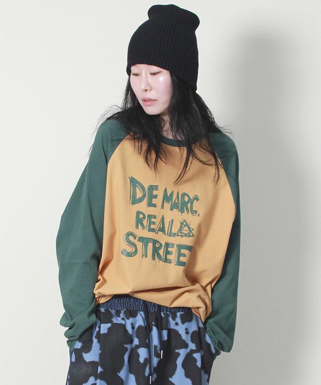 Deumakeu Real Street Color Mix Raglan Long Sleeve T-Shirt Khaki & Mustard