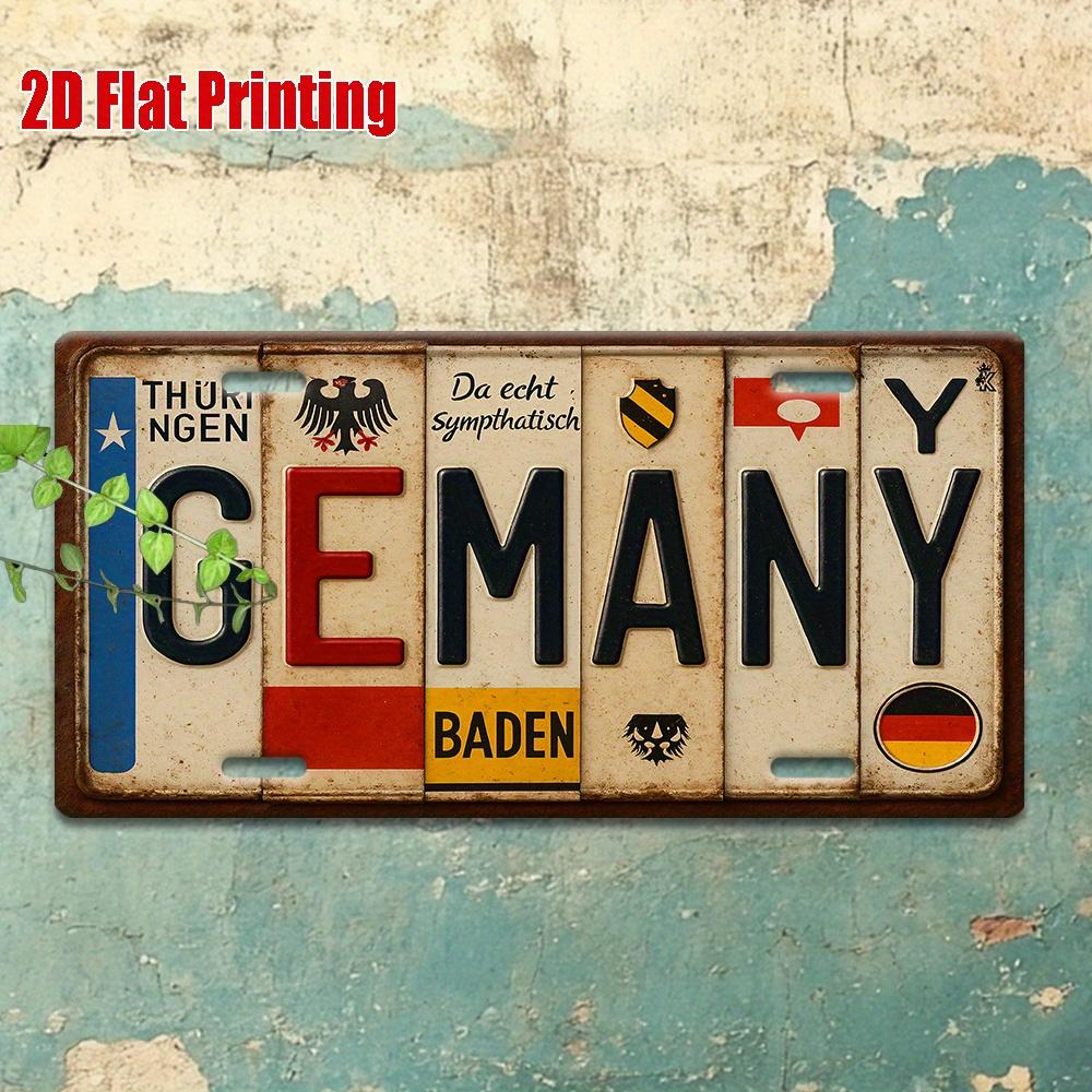 Printing, , Vintage Metal License Plate, Outdoor Wall Art , GERMANY Badge Style Aluminum Sign with License Typography and Sym