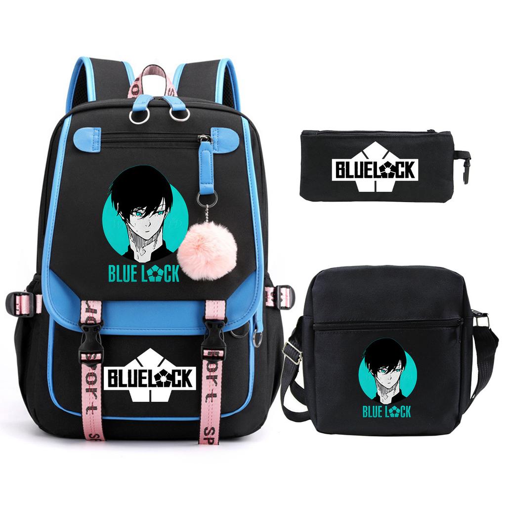 Blue Prison Student School Bag Large Capacity Children'S Shoulder Bag Casual Pencil Bag Set