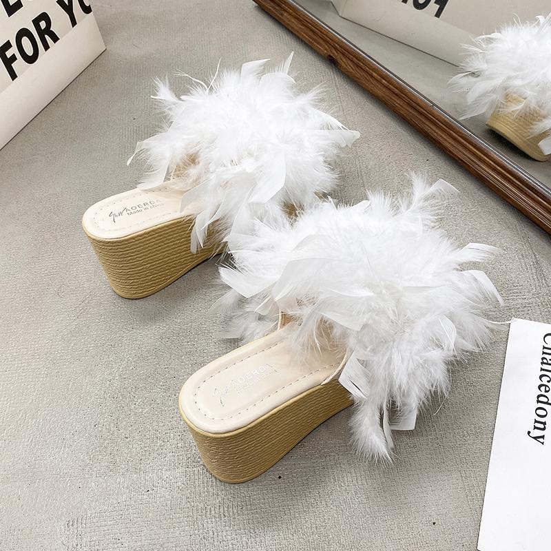Fashion Aphixta New 7CM Wedge Heel Slides Colorful Real Fur Women Slippers Furry Summer Shoes Platform Hair Slides Big Size 43 Sandals
