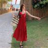 Spring 2025 French Floral Red A-line Spaghetti Strap Dress for Women