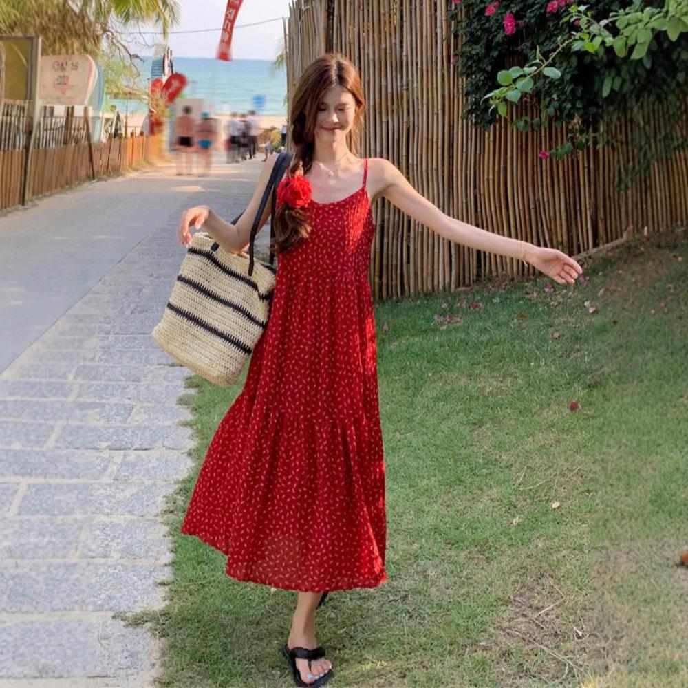 Spring 2025 French Floral Red A-line Spaghetti Strap Dress for Women