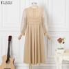ZANZEA Women Casual Round Neck Mesh Splice Long Sleeve Dress