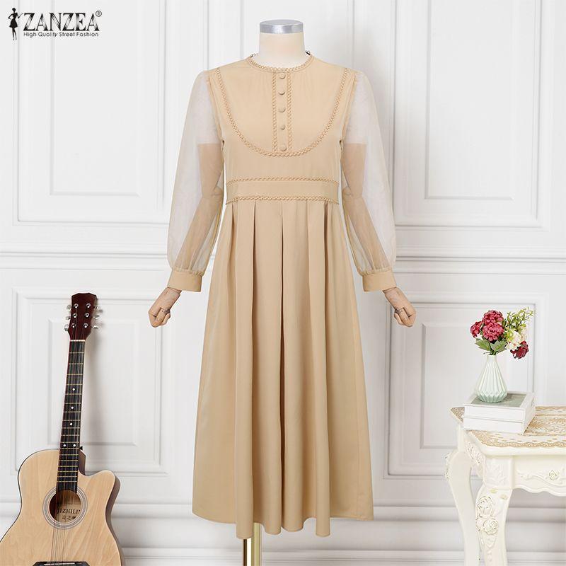 ZANZEA Women Casual Round Neck Mesh Splice Long Sleeve Dress
