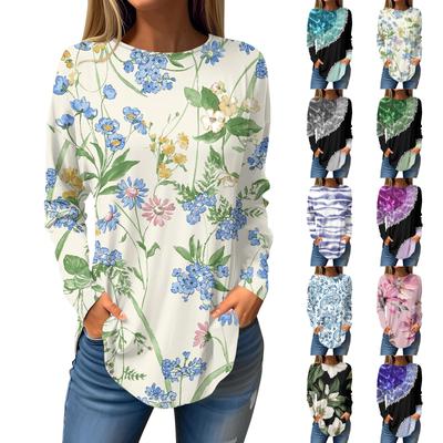 Women's Loose Round Neck Floral Print Long Sleeved T Shirt Top Pullover Long Sleeved Top