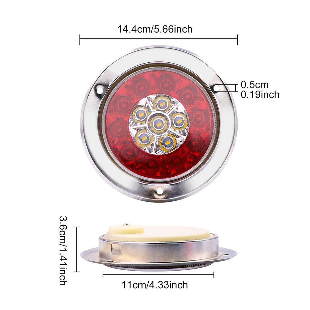 X-STYLE Trailer Tail Lights, 12V/24V, 2-Color Red and White, 16 LEDs, Universal Turn Signals for Trucks, Round, Set of 2 (Red + Yellow)