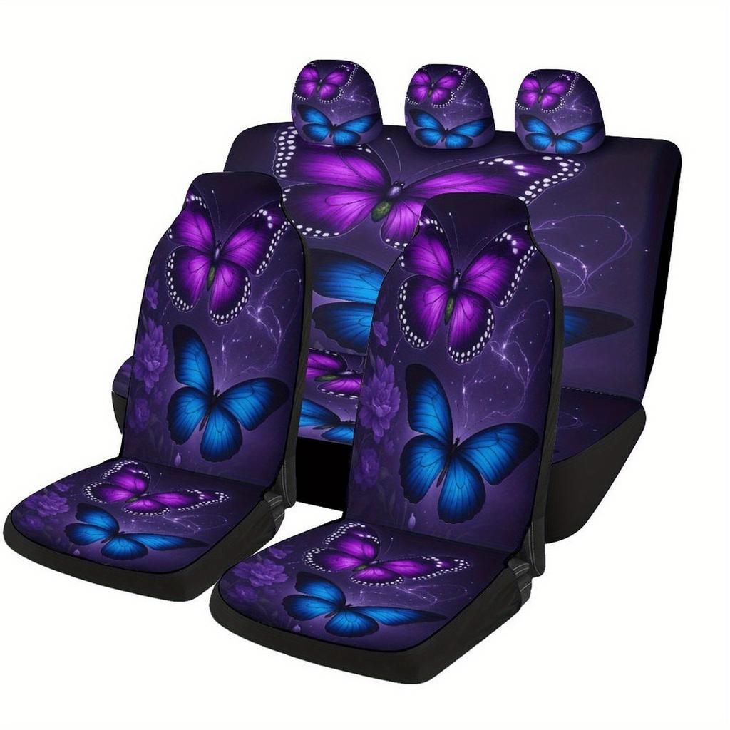 Purple Butterflies Glow Themed Car Seat Covers Set For Most Cars, Fashionable Comfortable Decorative Car Seat Protector Covers F