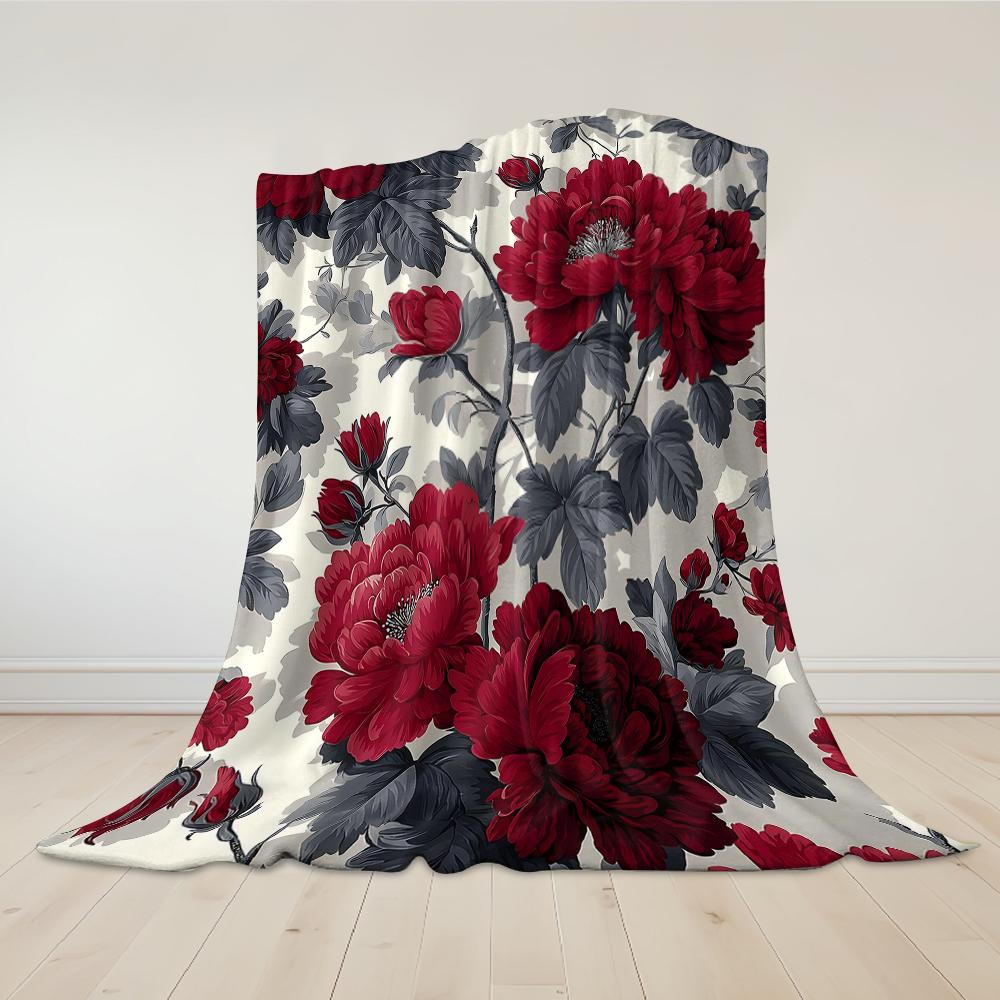 Crimson Peony Vine Flannel Blanket Warm Soft Halloween Christmas Couch Warm Cozy Decorative Decor Gift for All Season